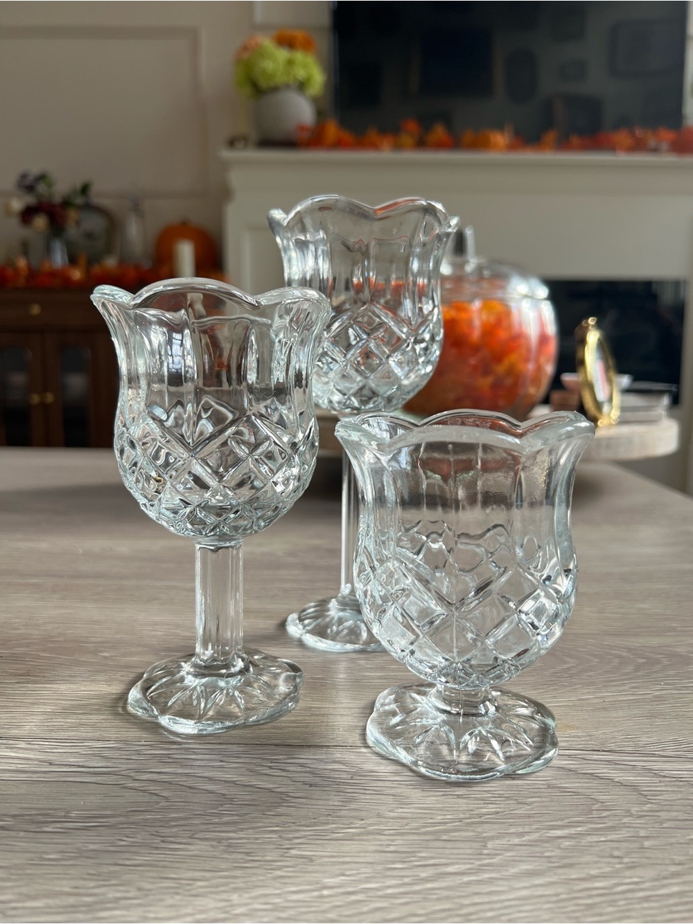 vintage HOMCO (Home Interiors) clear glass tulip pedestal votive candle holders